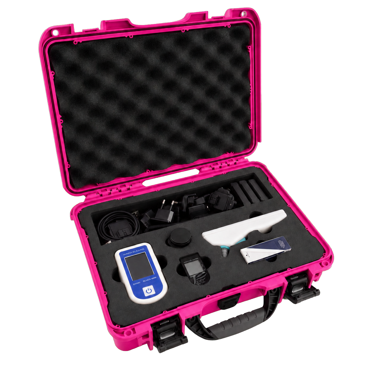 El Euro Kit abierto en su maletín protector rosa: Gluco-mini, Oxi y Ear-T alojados en la espuma, con cargadores, adaptadores y pilas en su compartimento